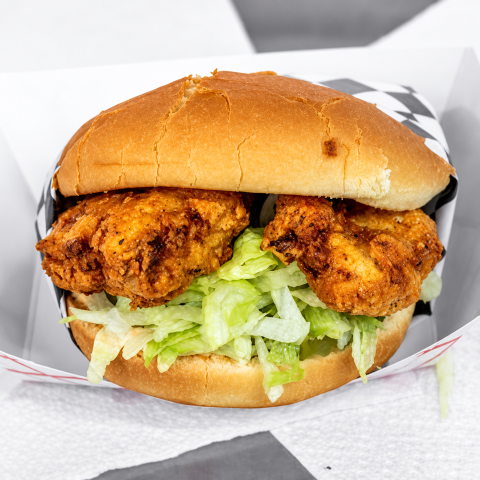 Crispy fried chicken sandwich with shredded lettuce on a toasted bun, served in a checkered paper wrapper.