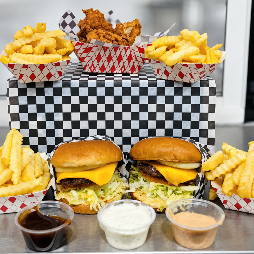 Two cheeseburgers with lettuce, crinkle-cut fries, fried chicken, and three dipping sauces on a checkered table.